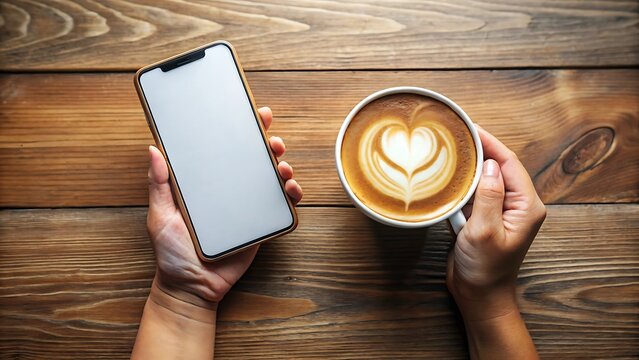 Overhead view of hands holding a smartphone and a cup of coffee with latte art.jpg