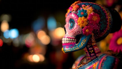 Naklejka premium Colorful decorative skull, adorned with flowers.