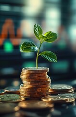 green plant sprout growing from a stack of golden coins symbolizing financial growth and investment success