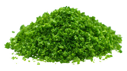 Obraz premium Pile of finely chopped fresh green parsley, vibrant color, detailed leaf texture, macro shot, photorealistic herb ingredient, isolated with white background