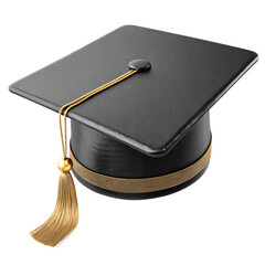 Black graduation cap with golden tassel, isolated on transparent background.