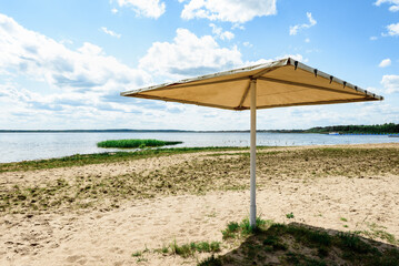 Swimming lake with a sandy beach in Braslav, Belarus.