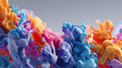 Vibrant Abstract Swirls of Colorful Paint Splashing Against a Soft Gray Background