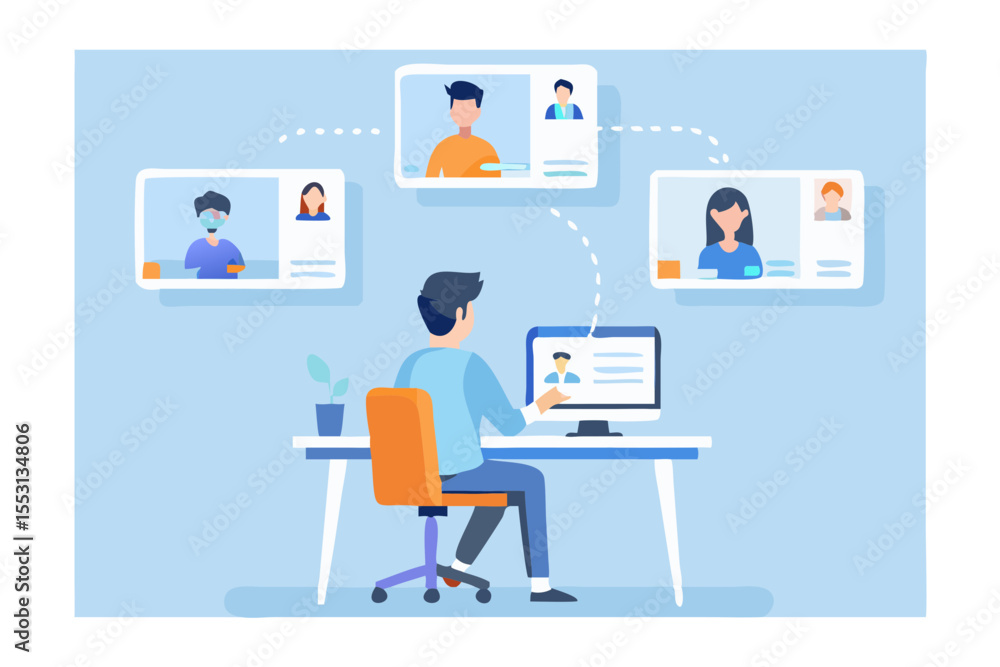 Poster man working remotely connecting with team members through video conference call