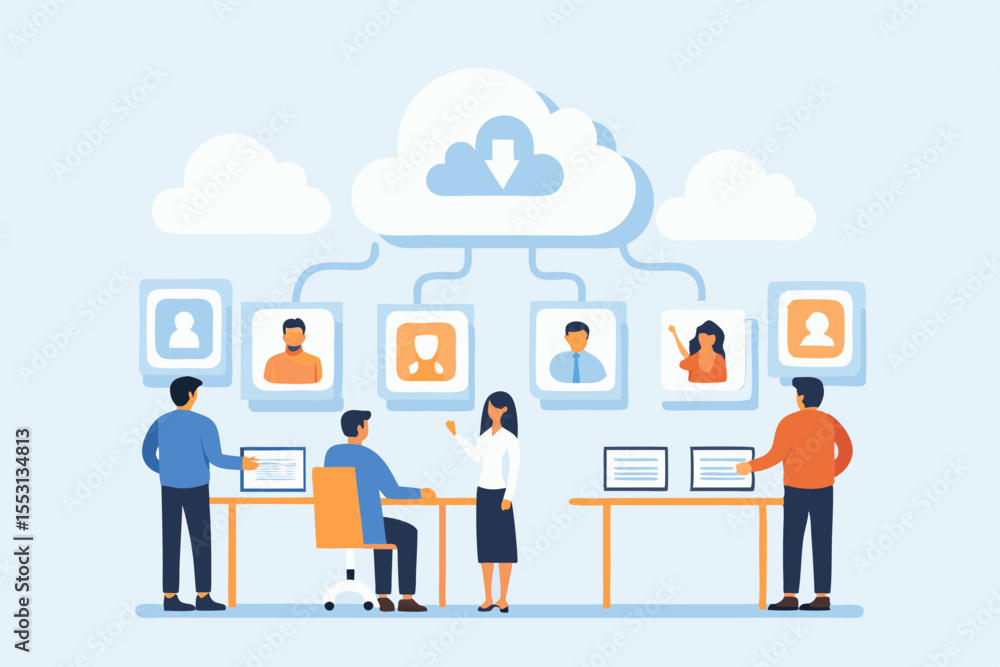 Poster team collaboration with cloud computing and online profiles for remote work and communication