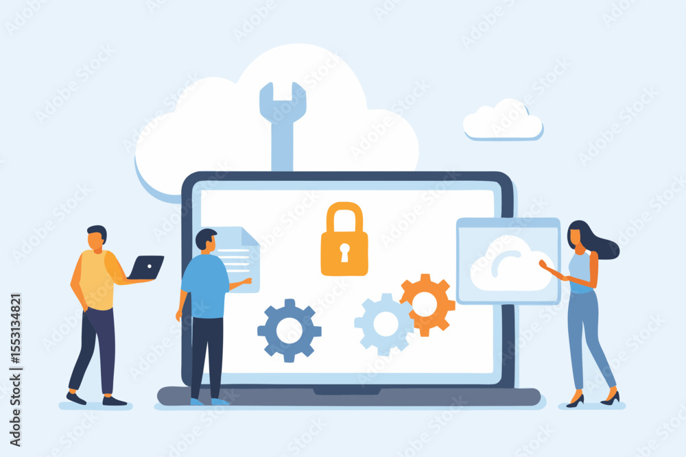 Poster cloud computing security and maintenance with teamwork and data protection on laptop