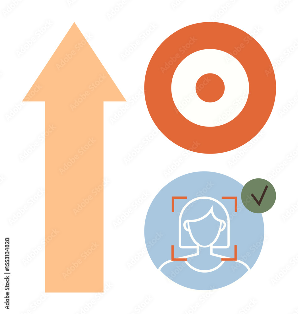 Poster upward arrow symbolizing progress, target for goals, profile scan with checkmark for validation. ide