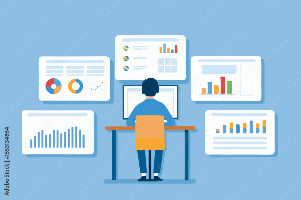 Poster data analysis and visualization with charts and graphs on multiple screens concept