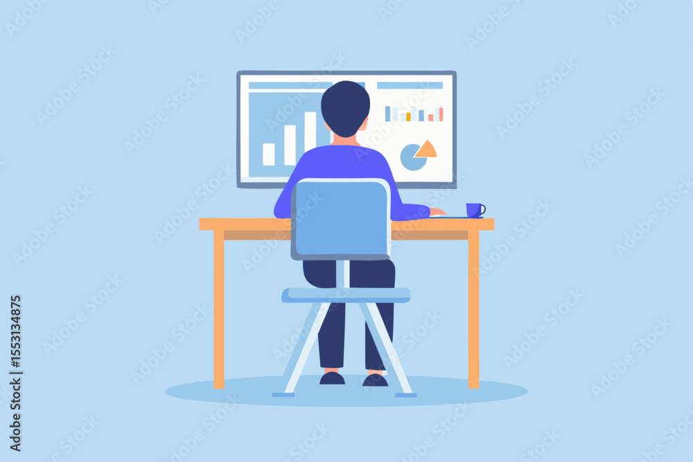Poster man analyzing data on computer screen at desk in office illustration