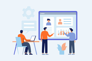 Teamwork and Collaboration Business People Analyzing Data on a Large Screen Display Together