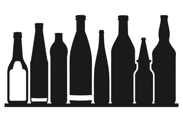 Black silhouette shows diverse bottle shapes standing in a row with a transparent background