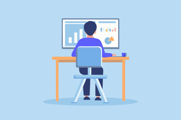 Man Analyzing Data on Computer Screen at Desk in Office Illustration