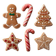 Assortment of decorated Christmas gingerbread cookies (gingerbread man, star, candy cane), isolated on a clean white background, top view,