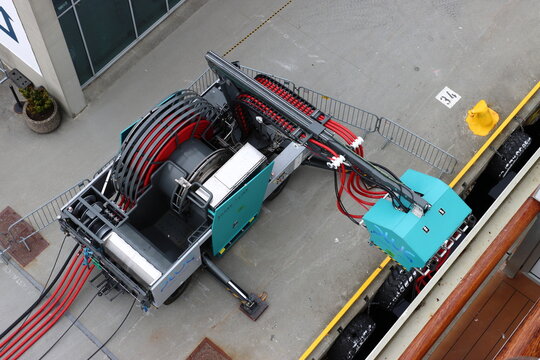 Shore to ship power connection to enable a (cruise) ship to turn off its engines and reduce emissions into atmosphere, Alesund, Norway