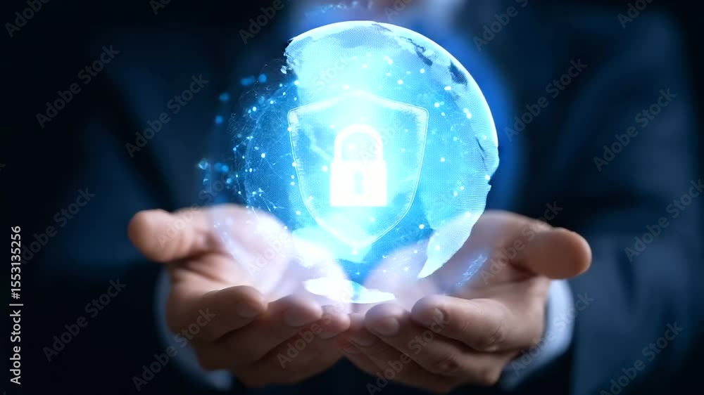 Poster a businessman confidently holds a shield symbolizing robust cybersecurity and data protection.