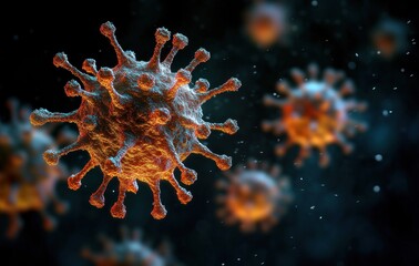 Close-up view of multiple virus particles with spiked surfaces floating in a dark environment, highlighting detailed textures and vibrant orange-blue lighting