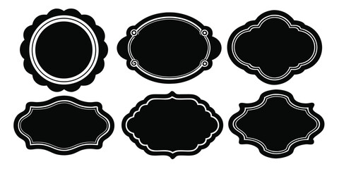 Collection of ornate black and white labels, various shapes creating a decorative monochrome set