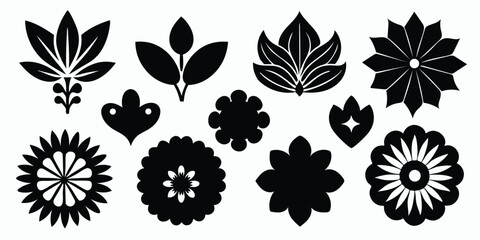 Collection of various black flower and leaf shapes are displayed against transparent background