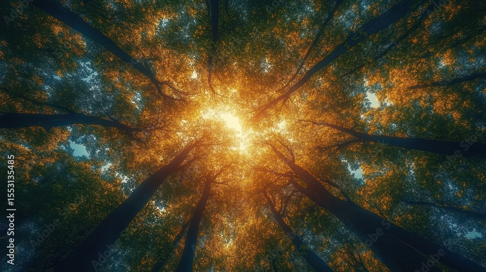 Poster sunlight filtering through tall trees in a dense forest with warm glowing autumn leaves creating a p