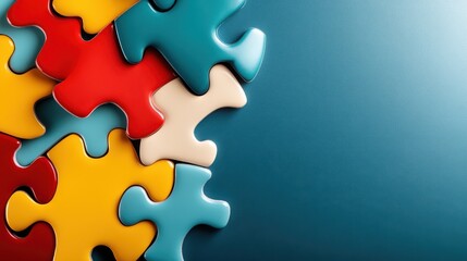 An arrangement of colorful puzzle pieces symbolizes problem-solving, teamwork, and creativity, ideal for educational themes, games, and collaborative projects.