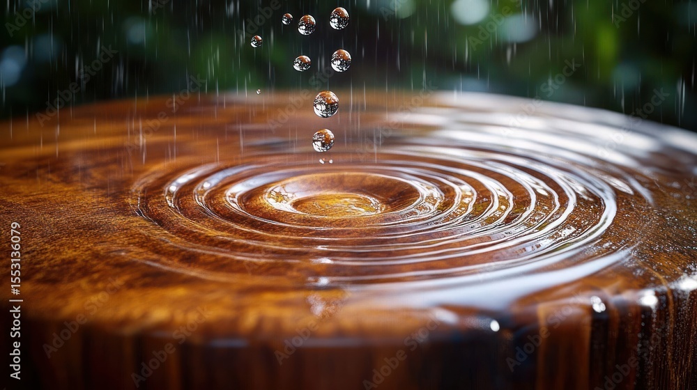 Poster close-up view of water droplets falling and creating concentric ripples on a polished wooden surface