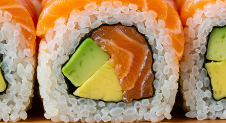 Macro photo of sushi roll with salmon and avocado. Colorful and detailed.

