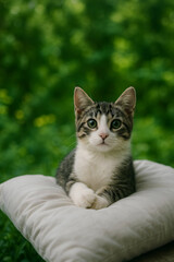 Fototapeta premium Lovely Tabby Kitten Relaxing Outdoors on Soft Pillow 