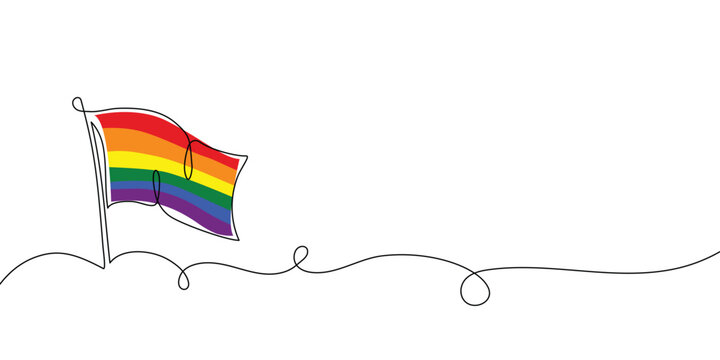 Continuous line drawing of rainbow colored strong fist raised up. Human arm in LGBT flag colors with clenched fingers, one line drawing vector illustration. Concept of gay pride, lgbt, love.