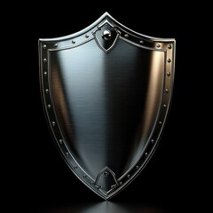 shiny metallic shield with rivets and smooth brushed surface on black background symbolizing protection and strength