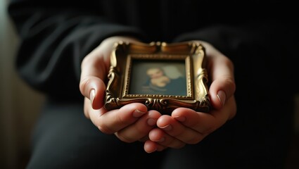 Time's Embrace: Human Hands Protecting a Small, Historic Frame