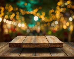 Wooden Table Top with Bokeh Lights Background for Product Display and Presentation