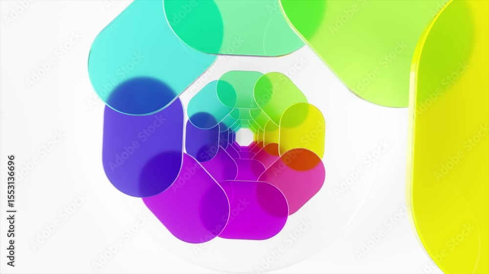 Poster transparent colorful ovals form a mesmerizing spiral pattern, rotating slowly against a clean white 