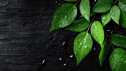 Fresh Green Leaves with Water Droplets on a Dark Wood Background