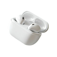A pair of white wireless earbuds in their charging case close up view