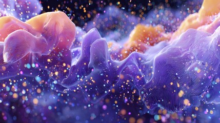 Abstract colorful waves of light and texture create a vibrant atmosphere with sparkling particles in space