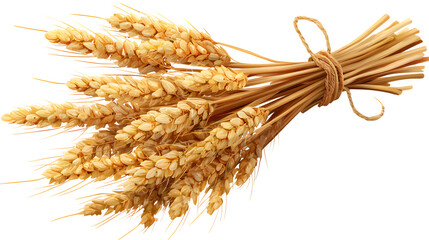 Bundle of golden ripe wheat stalks (Triticum aestivum) tied together, detailed grains and awns, symbolizing harvest and agriculture, realistic texture. Isolated on transparent background.