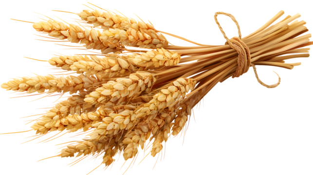 Bundle of golden ripe wheat stalks (Triticum aestivum) tied together, detailed grains and awns, symbolizing harvest and agriculture, realistic texture. Isolated on transparent background.
