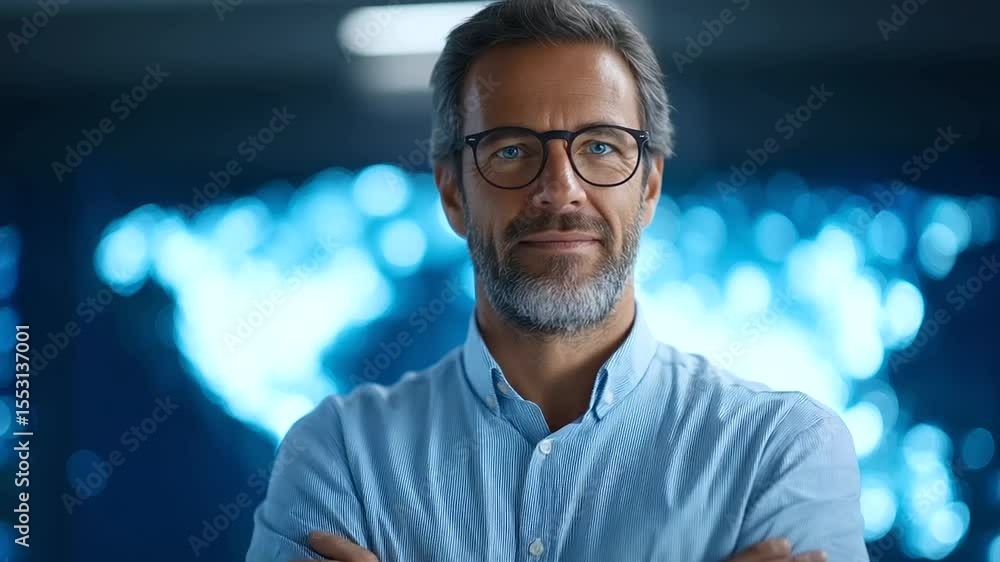 Poster lead engineer managing cutting-edge global network advancements in a bustling data center.