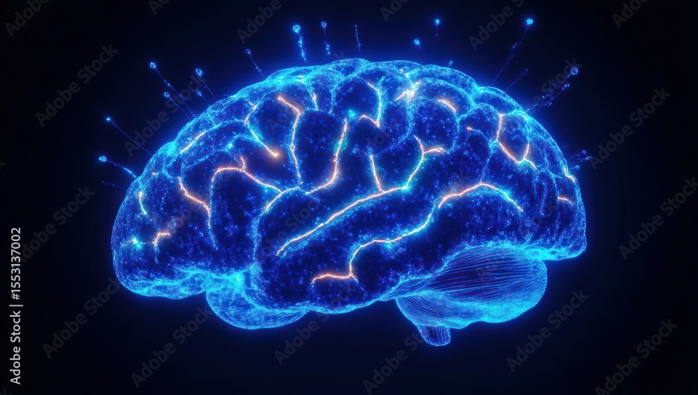 Poster glowing blue digital representation of a human brain with illuminated neural pathways and synapses a