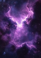 Fototapeta premium Vibrant purple and pink cosmic nebula with glowing clouds of gas and dust illuminated against a star-filled dark space background, evoking mystery and wonder