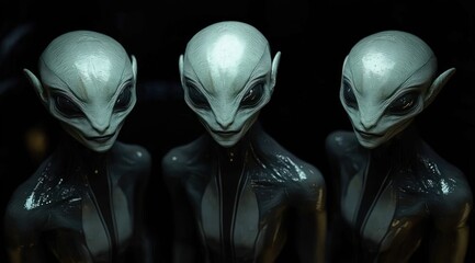 Three humanoid figures with large heads, smooth grey skin, black shiny eyes, and slender black bodies standing close together against a dark background, emitting a mysterious and eerie atmosphere