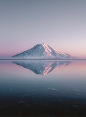 Snowy Mountain Reflection on Calm Water at Sunset with Pastel Sky Colors