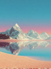 Serene Mountain Landscape with Reflections and Pastel Sky Dreamy and Peaceful