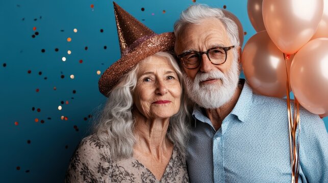 This joyful portrait of a senior couple, adorned in party attire, captures the essence of love and celebration as they share a special moment at a festive gathering.
