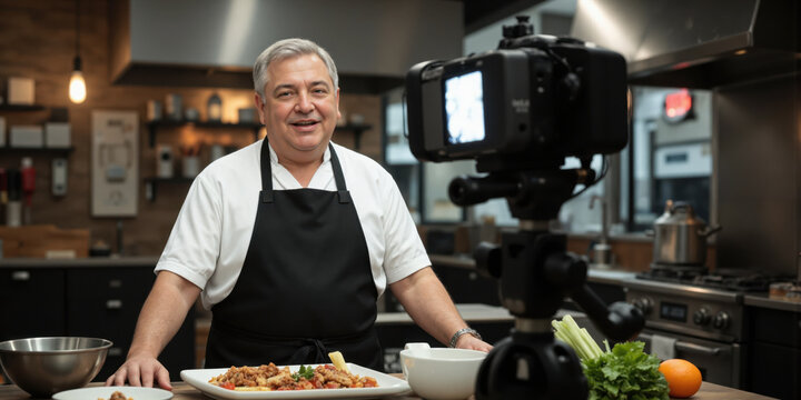 Elderly Chef Running a Viral Cooking Channel A charismatic senior chef in a professional kitchen films a viral recipe tutorial,