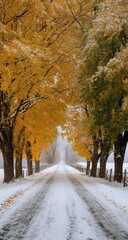 Snowy Road Lined with Autumn Trees in Cades Cove Great Smoky Mountains