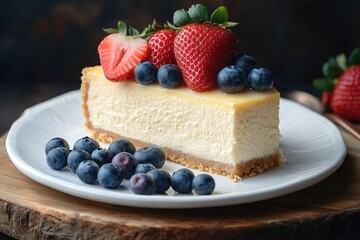 slice of creamy cheesecake topped with fresh strawberries and blueberries on a white plate with additional blueberries on the side