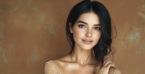 Portrait of a young woman with smooth dark hair and natural makeup smiling gently against a textured brown background