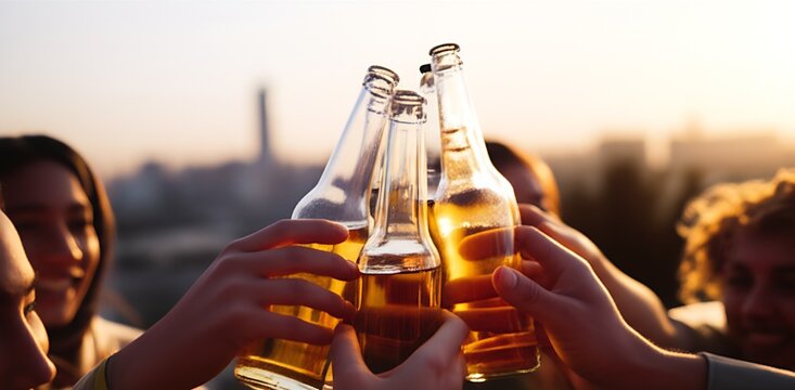 Diverse friends clinking beer bottles on rooftop patio at sunset with city skyline in the shallow