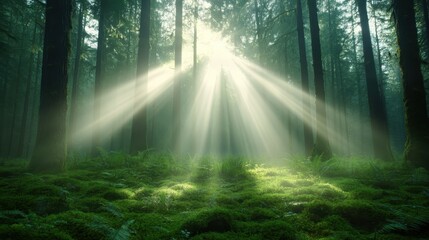Obraz premium This breathtaking forest scene captures sunlight streaming through tall trees, illuminating the lush ground covered in moss, creating an enchanting atmosphere.